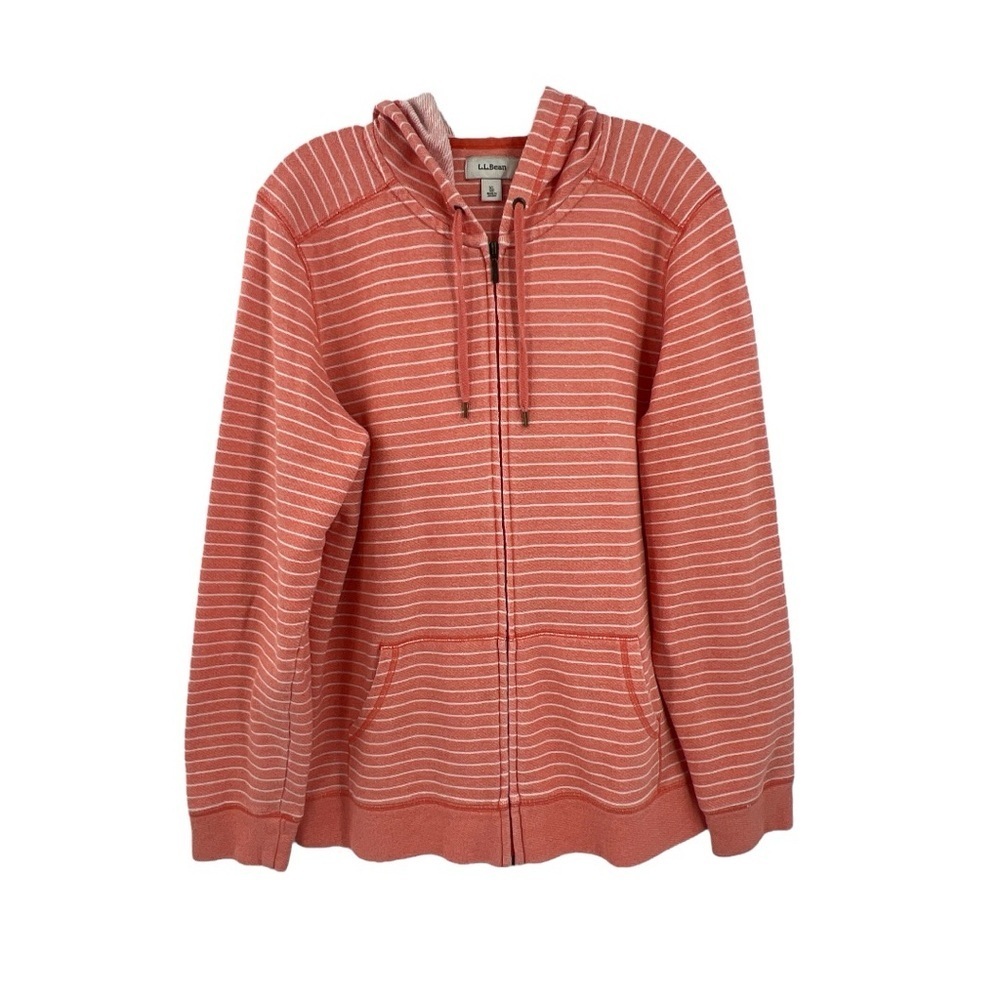 LL Bean Hoodie Womens Large Orange White Stripe Hooded Zip Athleisure Casual XL